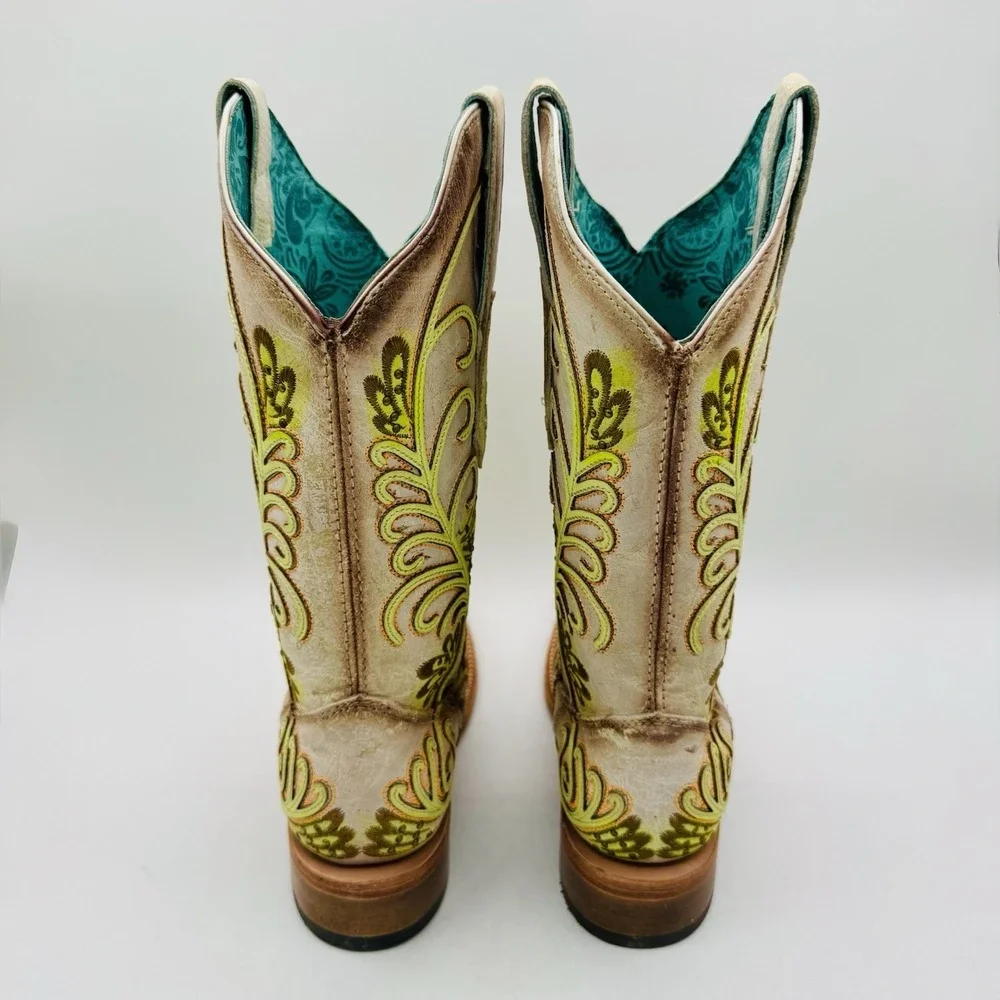 Corral Studded Boots Women's Size 6 M White Floral Green Leather Square Toe‎
